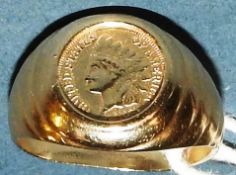 A 14k 1909 one cent ring, 4.2g, together with an 18ct gold ring, 3.6g (2)