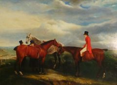 A large 20th Century oil on canvas depicting gentlemen on the hunt with landscape in the distance,
