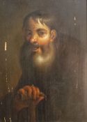 An Old Master portrait of a bearded man with walking stick, oil on panel, unsigned, in an ebonised