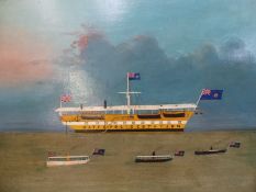 A 20th Century English Primitive oil on canvas depicting a water police boat off the Bahamas,