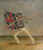 A 20th Century gouache on metal depicting a sailor on the shore, stamped lower right, in a burr