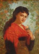 A 19th Century Pre-Raphaelite style oil on canvas portrait, depicting a gypsy woman draped in red