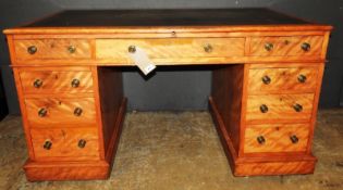 A 19th Century Victorian satinwood and oak pedestal desk, the tooled olive green top over an