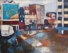 Peter Raynor, (Contemporary, British) An oil on canvas of a street scene titled 'Shoreditch' signed