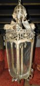 A late 19th Century gilt metal hanging lantern, having carp decoration, H. 140cm. Provenance; 84