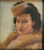 Douglas Swainson, oil on board portrait of a lady wearing her furs, framed 48cm x 53cm