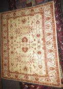 A Caucassian soumak rug, the all over vine and palmette design on a peach ground within terracotta