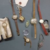 A collection of various yellow metal ladies and gentleman's watches, most of the Art Deco period