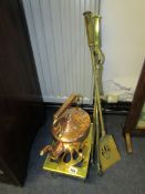 Copper Kettle - Brass Trivet - Brass Fire Tongs & Shovel