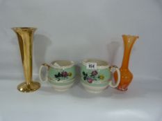 Pair of Decorative Jugs - Gold Specimen Vase and Orange Glass Specimen Vase
