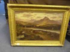 Framed Oil Painting Depicting Cattle on A Mountain Landscape
