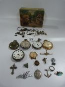 Tray containing assorted Pocket Watches - Lapel Badges - etc