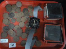 Tray containing Assorted Coinage - Wrist Worn Compass by Suunto & Glass Slides