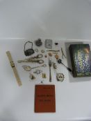 Box containing Mixed items including Scent Jars - Decanter Labels - Watches - Rings etc