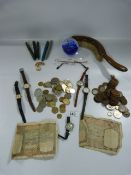 Tray containing assorted Watches - Glasses - Coinage - Pens - Paperweight etc