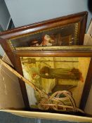 Box of Framed Pictures and Carpet Beater