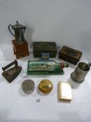 Box containing Shipping Bottle - Flat Iron - Pewterware - Vintage Cash Tins etc