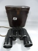Pair of German Field Binoculars in Brown Leather Case