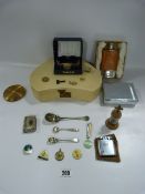 Tray containing Wrist Watches - Vesta Boxes - Hip Flask - Motorsport Pin Badges  etc