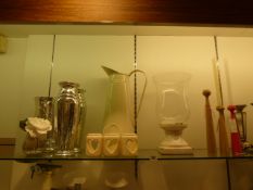 *Contents of Shelf including Wood Candlesticks - Enamel Ware - Chrome Vases etc
