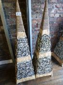 *Pair of Pyramid Shaped Wrought Iron and Rattan Floor Lighters - No Electrics