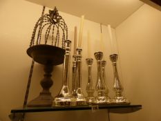 *7 Chrome Candlesticks and Wrought Iron Bird Cage