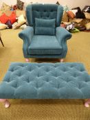 *Turquoise and Pink Button Back Fire Side Chair with Matching Foot Stool and Cushion