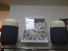 *2 Large Grey and Cream Decorative Vases & Wall Clock