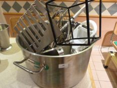 *Large Stainless Steel Saucepan Containing Assorted Fish Fryers Tools including Ladles, Conical