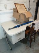 *Grey Desk with Slat Back Chair and Assorted Military Pictures etc