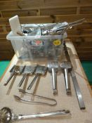 *Large Quantity of Fish Fryers Tools including Serving Tongs, Scoops, Chopping Board, Bonzer Can