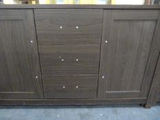 *Sideboard Unit enclosed by Double Doors with 3 Drawers in Dark Wood Finish and Brushed Stainless