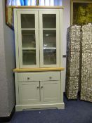 *Glazed Bookcase over Cupboard in Sage Green Finish with Oak Top and Brushed Stainless Steel Handles