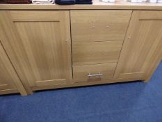 *Sideboard Unit with 3 Drawers and Cupboards in Light Oak Finish with Brushed Stainless Steel