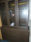 *3 Door Display Cabinet over Sideboard Unit in Dark Wood Finish with Brushed Stainless Steel Handles
