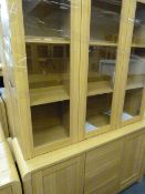 *Glazed Display Cabinet over Sideboard Unit in Light Oak Finish with Brushed Stainless Steel Bar