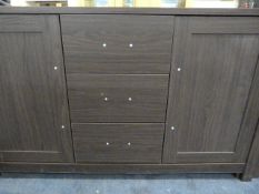 *Sideboard Unit enclosed by Double Doors with 3 Drawers in Dark Wood Finish and Brushed Stainless