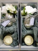 *2 GLASS VASES WITH FLOWER ARRANGEMENTS AND SCENTED CANDLES