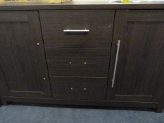*Sideboard Unit enclosed by Double Doors with 3 Drawers in Dark Wood Finish and Brushed Stainless