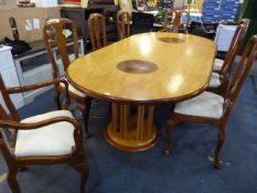 Contemporary Oval Dining Table with Walnut, Oak and Mahogany Inlay with 6 Side Chairs on Cabriole