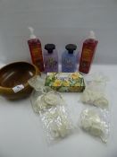 *A MIXED LOT CONTAINING LAVENDER AND LILAC BUBBLE BATH, LIQUID SOAP ECT