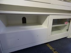 *Home Entertainment Unit with Glass Door & Drawer in White Finish and Brushed Stainless Steel