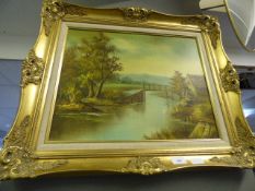 Gilt Framed Oil on Canvas Depicting River Scene