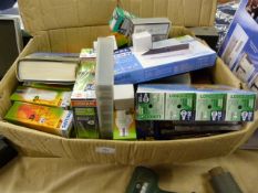 Box containing Energy Saving Light Bulbs - CD's - Video's etc