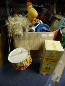 Box containing Vintage Toys - Tin Drum - Ladybird Books etc