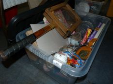 Box containing Tennis Racket - Clocks - Decanters etc