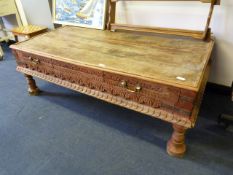 Large Oak Topped Coffee Table with Carved Detail
