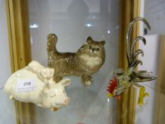 Beswick Cat - Pig & Murano Glass Cockerel