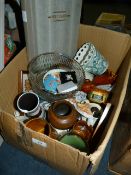 Box containing Postcard Album - Glassware - Vases - Mugs - Pottery etc