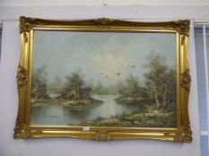 Large Gilt Framed Oil on Canvas Depicting A Lake Scene